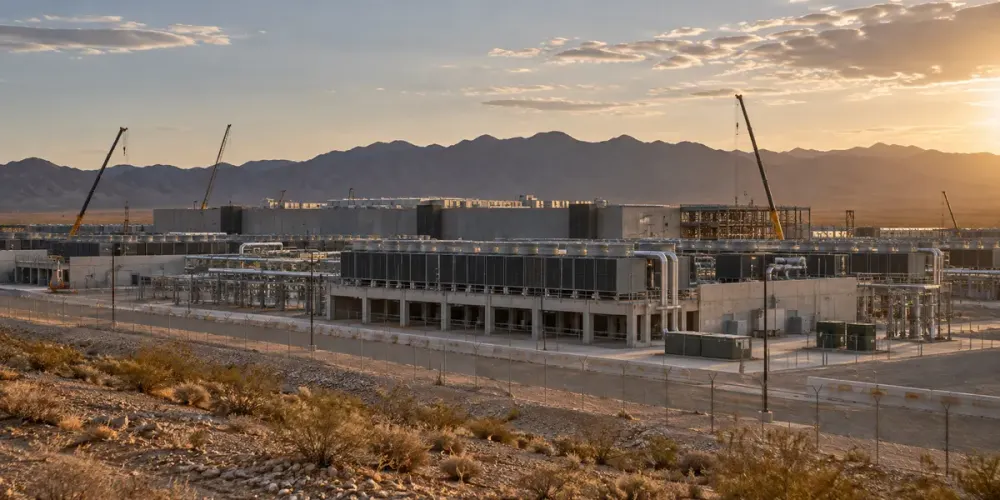 Editorial rendering of a large data center campus under construction in a southern New Mexico desert landscape