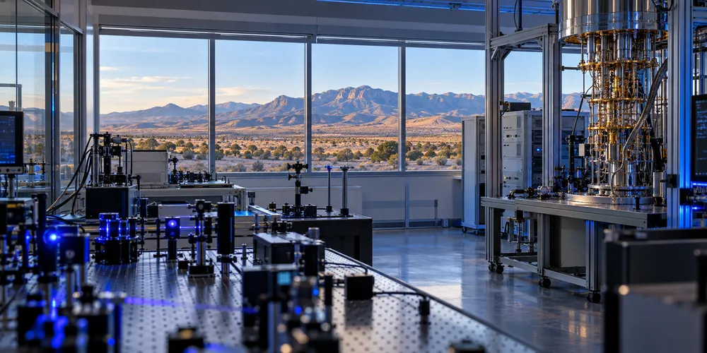 Illustrative quantum research laboratory overlooking New Mexico's high desert and distant mountains.