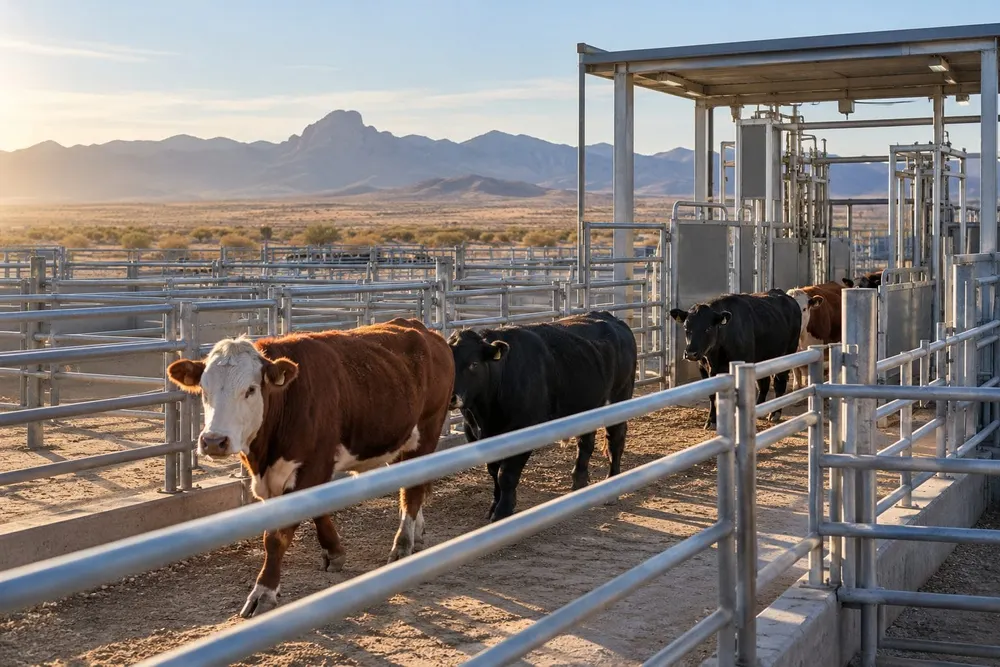 Cattle moving through metal inspection pens at a desert livestock facility in southern New Mexico.