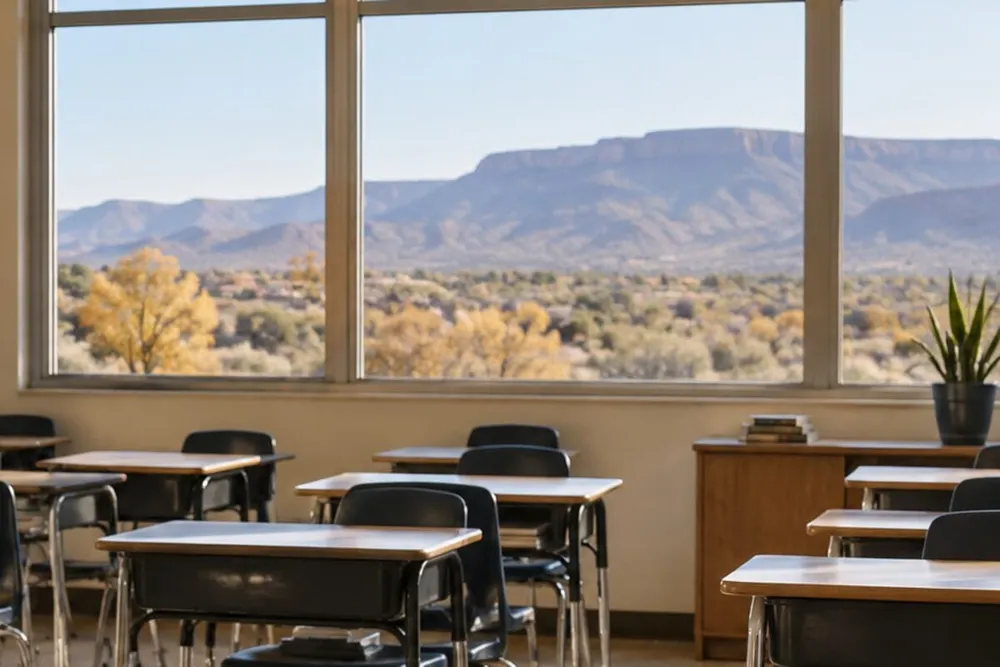 Empty public-school classroom overlooking a sunlit New Mexico high-desert landscape.