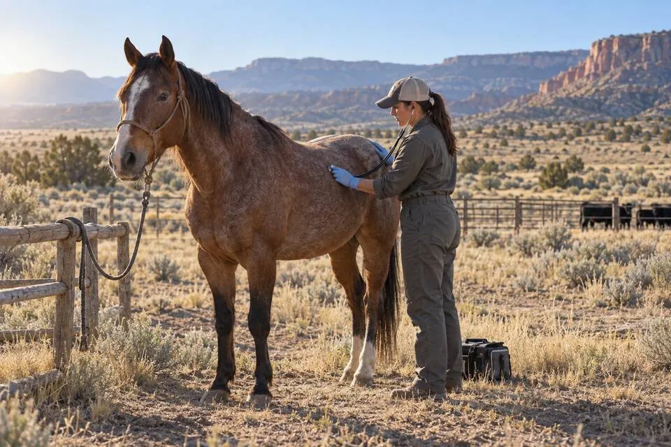A veterinarian examines a horse in a sunlit New Mexico high-desert pasture.