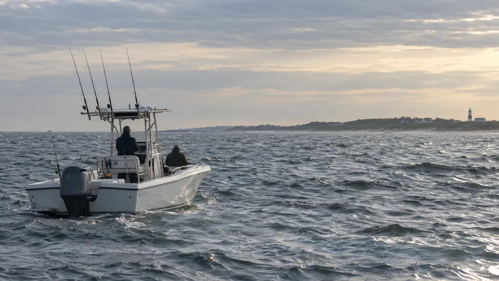 A small recreational fishing boat on Atlantic waters off the New York coast.