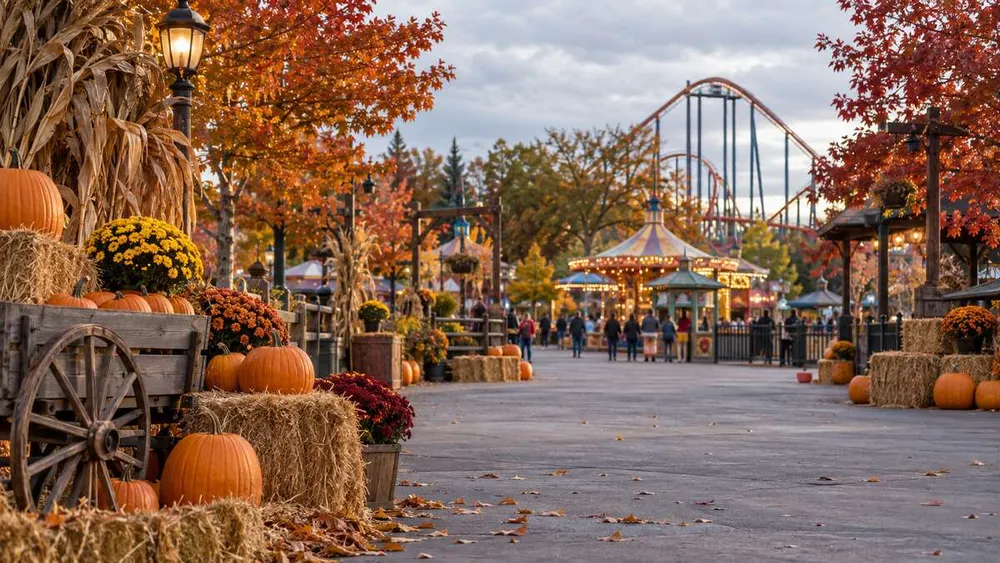 Pumpkins, hay bales and autumn foliage along a generic amusement park midway with a roller coaster in the distance