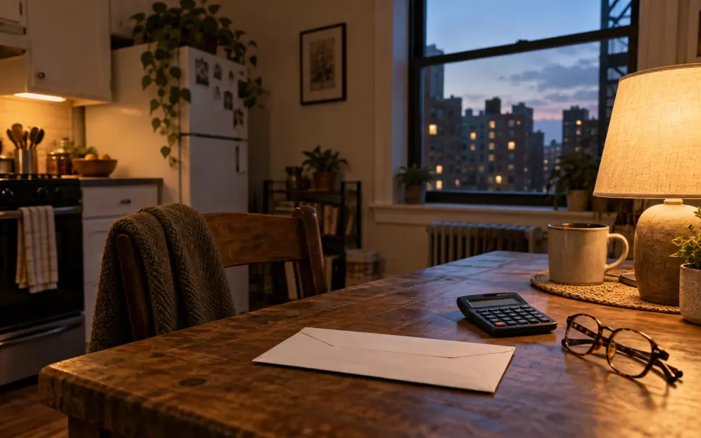 Illustrative New York apartment kitchen table with a plain utility envelope, calculator and reading glasses at dusk.