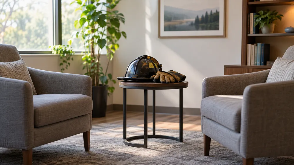 Two chairs in a quiet counseling office beside an unmarked first-responder helmet and gloves.