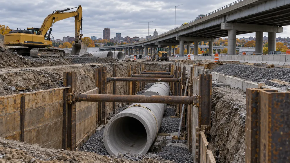 Stormwater infrastructure construction beside an urban highway in Syracuse