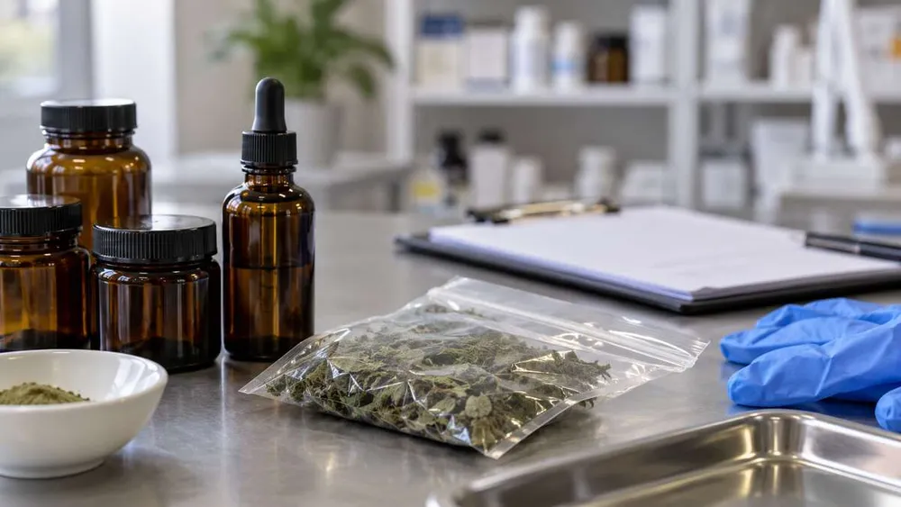 Unbranded amber supplement bottles and a sealed botanical sample on a generic inspection workbench