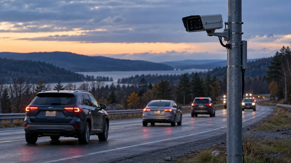 A roadside license-plate camera overlooks traffic on a generic New York highway at dusk.