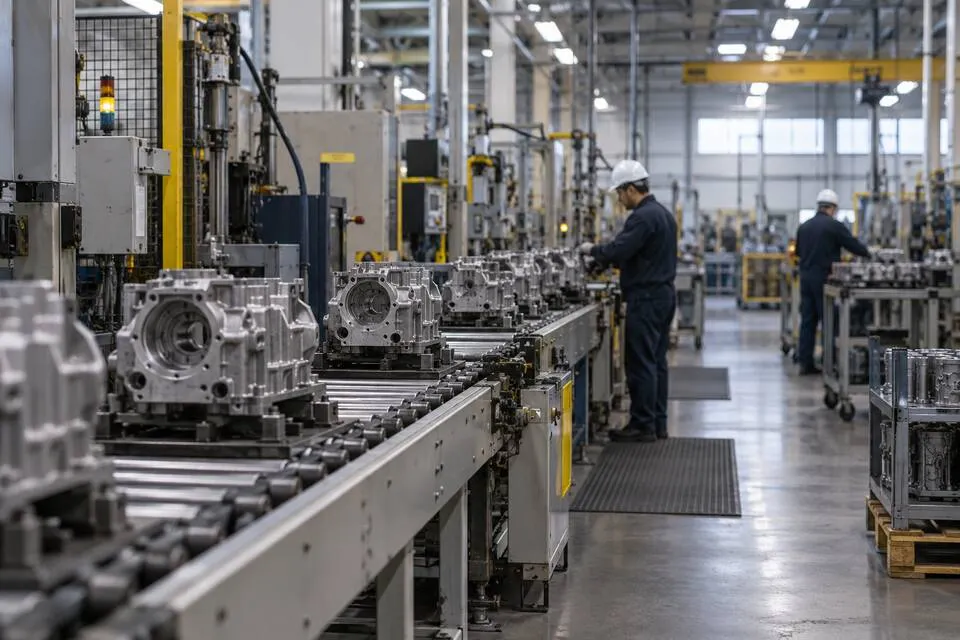Metal components move along an assembly line inside a modern New York factory.