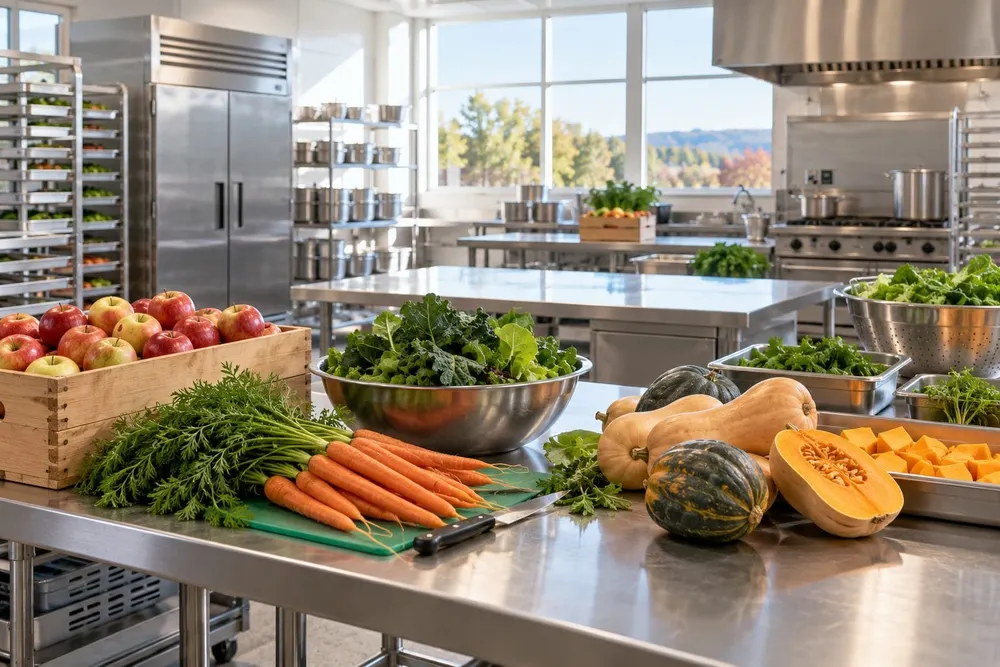 Fresh New York produce arranged for scratch cooking in a modern regional school kitchen.