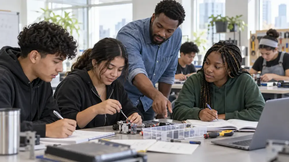 Young adults work with an instructor during a hands-on workforce training session in a bright New York community classroom.