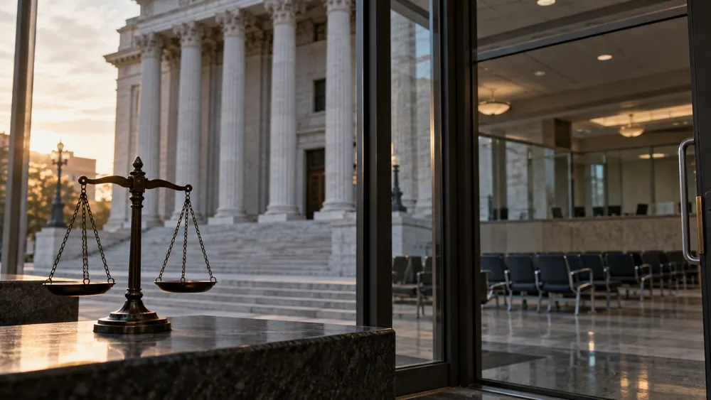 Federal courthouse seen beside an empty immigration court waiting area and a balanced justice scale.