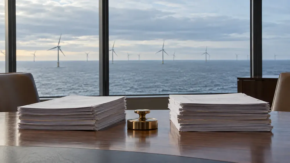 Legal filings on a conference table overlooking an offshore wind farm