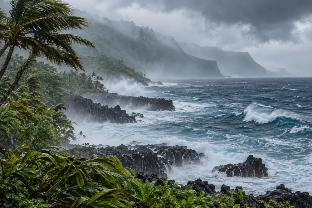 Wind-driven rain and rough surf along a volcanic Hawaiian coastline under dark storm clouds