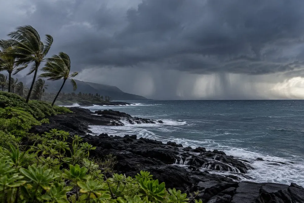 Dark tropical storm clouds and offshore rain bands approach a generic volcanic coastline in Hawaiʻi.