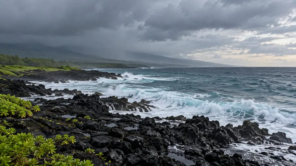 Rough surf breaks over black volcanic rock beneath receding storm clouds along a rain-soaked Hawaiʻi coastline.