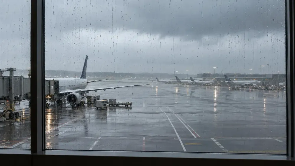 Rain streaks terminal windows overlooking aircraft on a wet airport apron during a coastal storm.