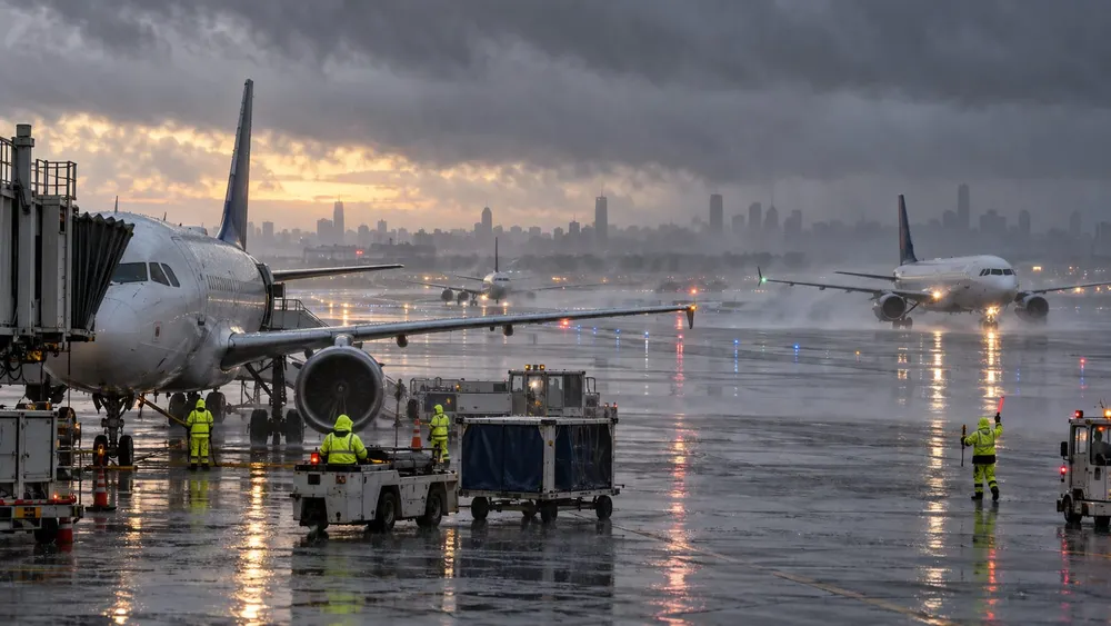 Passenger jets and ground crews operate on a rain-soaked airport tarmac during a Northeast nor’easter.
