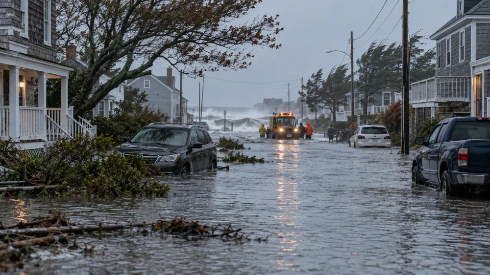 A flooded coastal neighborhood street after a nor’easter, with submerged vehicles and emergency crews working in gray morning light.