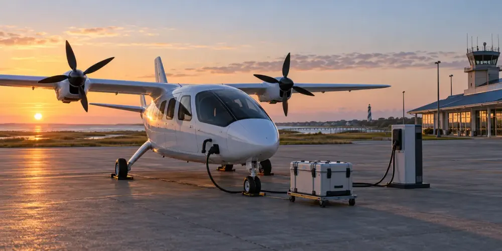 An illustrative electric aircraft charges beside secured medical cargo at a coastal North Carolina regional airport.