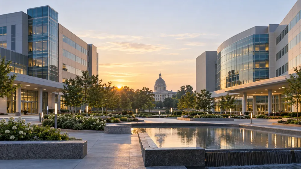 Two modern hospital buildings across a landscaped civic plaza in North Carolina.