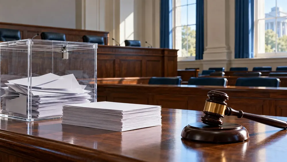 Illustrative empty civic hearing room with a secure ballot box, blank ballots and a judge's gavel.