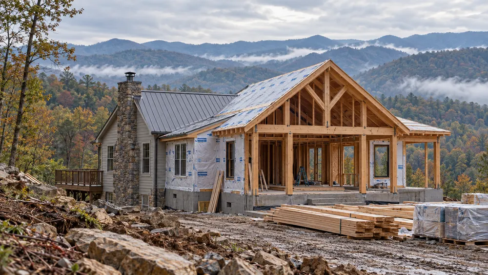 A modest home under reconstruction in the western North Carolina mountains.