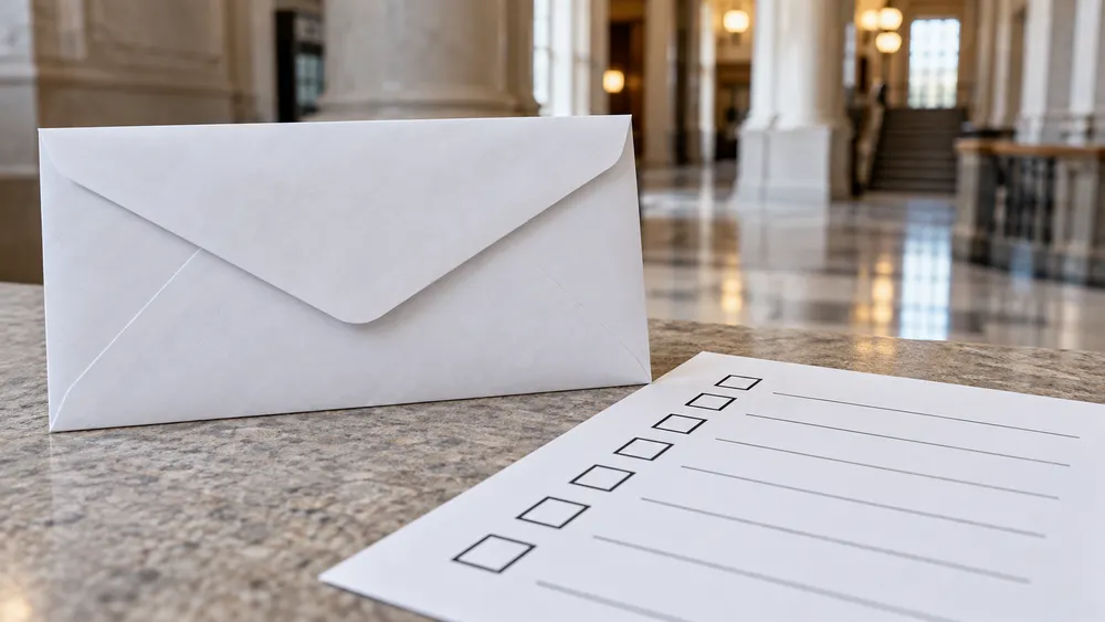A sealed generic mail ballot envelope beside an unmarked ballot in a courthouse corridor.