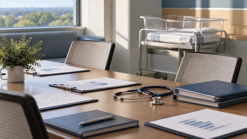 Empty hospital quality-improvement meeting room with an infant bassinet, charts and stethoscope