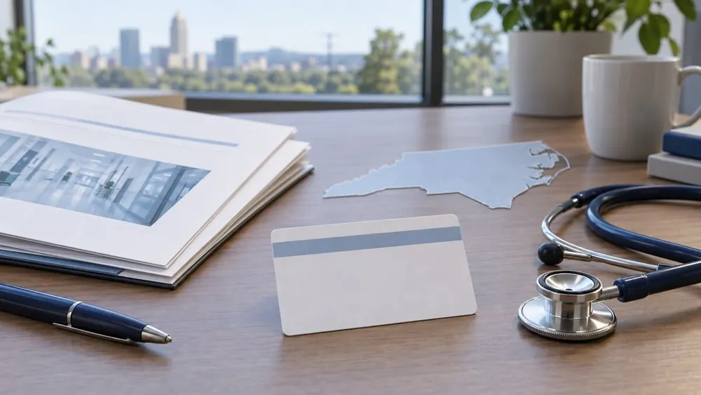 Conceptual image of a blank health-plan card, stethoscope, documents and an unlabeled North Carolina map on a desk.