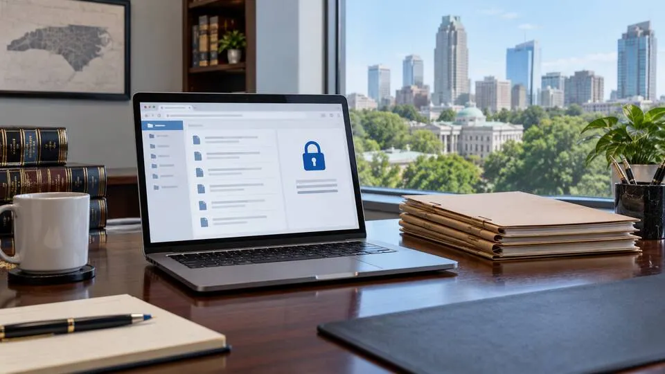 Laptop displaying a secure document portal beside legal case files in a North Carolina office