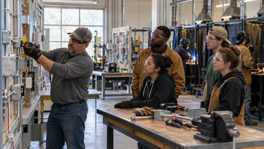 Adult learners watch an instructor demonstrate equipment in a community college skilled-trades laboratory.