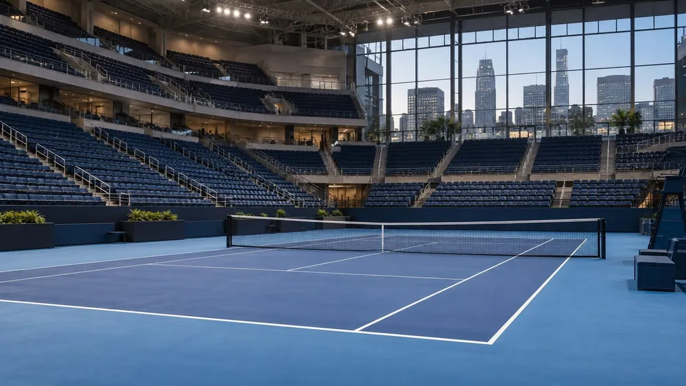 Empty indoor blue tennis court prepared inside a modern arena with tiered seating