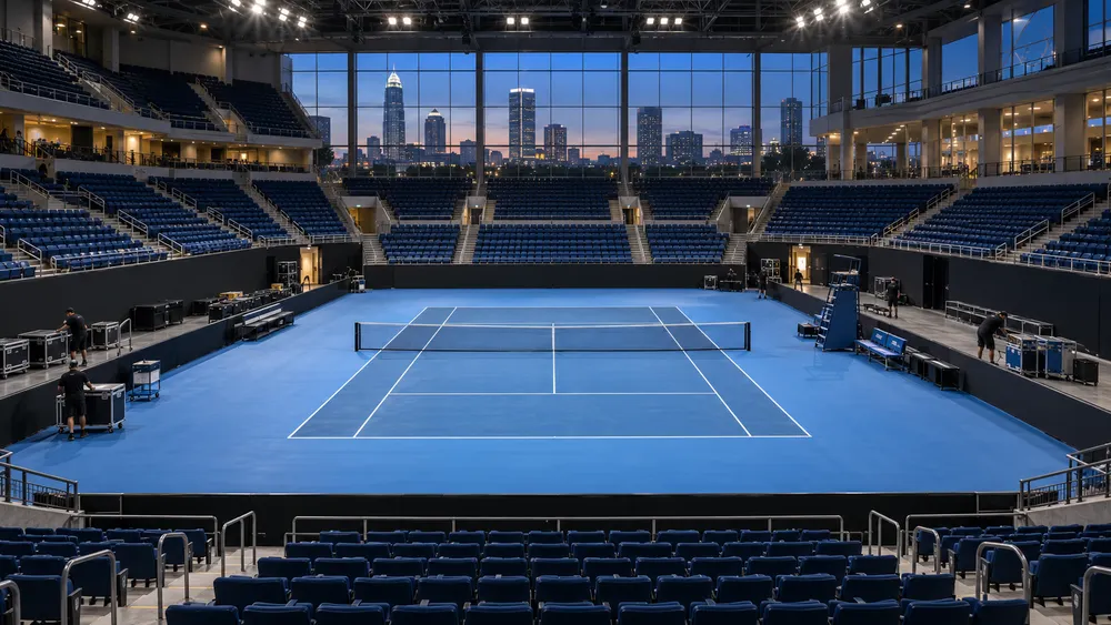 An empty indoor tennis arena in Charlotte prepared for an international championship.
