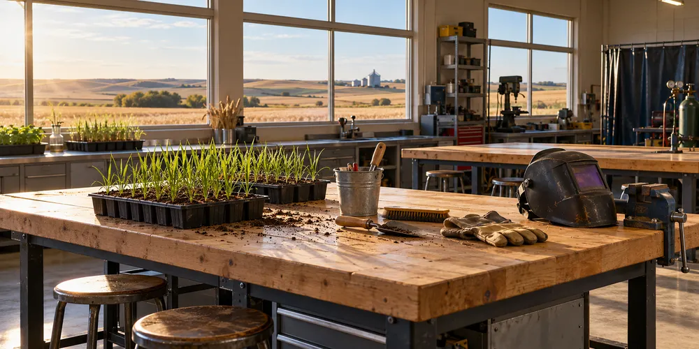 An illustrative rural agriculture classroom with crop trays, tools and prairie fields visible outside.