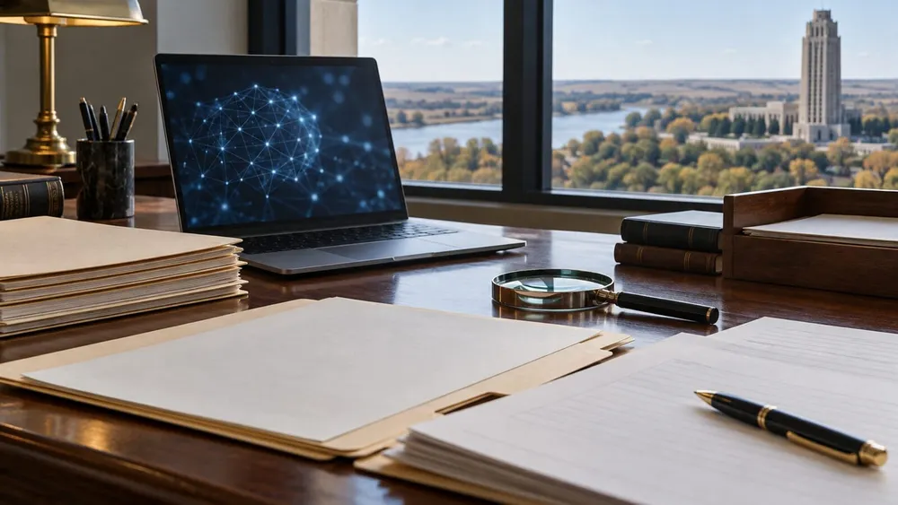 Compliance review desk with blank legal folders, magnifying glass and laptop displaying an abstract AI network