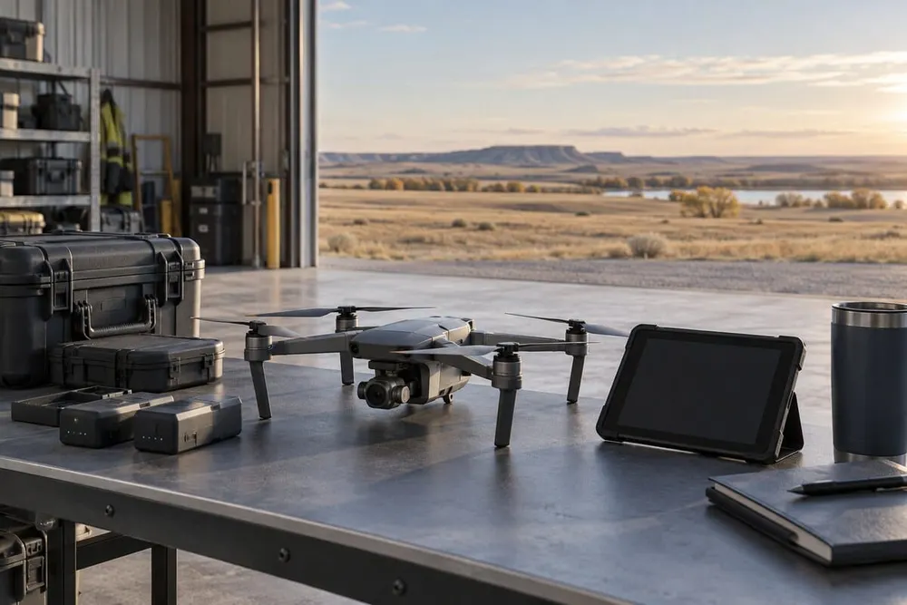Conceptual view of a professional quadcopter, batteries and blank tablet on a worktable inside a prairie operations hangar.