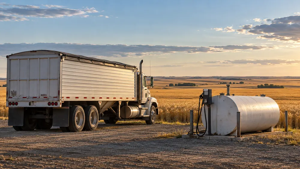 Unbranded grain truck and diesel tank beside a North Dakota wheat field