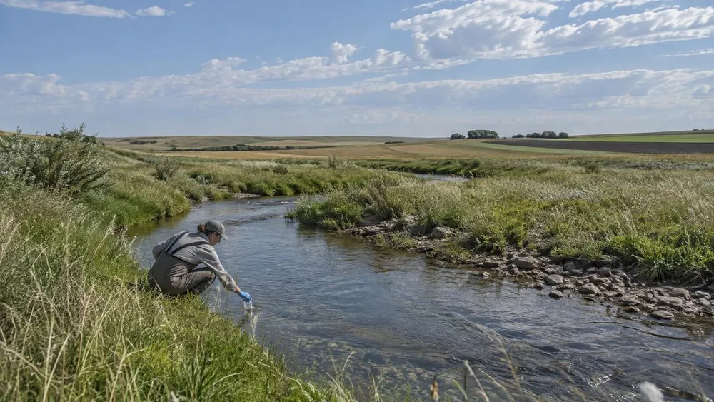 An environmental scientist collecting a water sample from a prairie stream in North Dakota