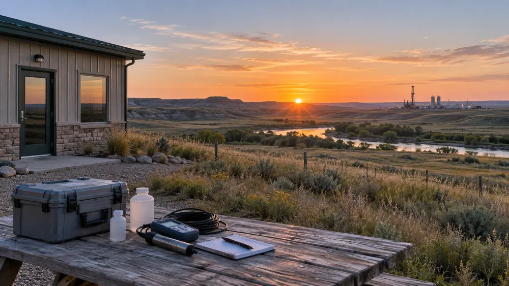 Water-quality sampling equipment overlooks North Dakota prairie and a distant energy facility.