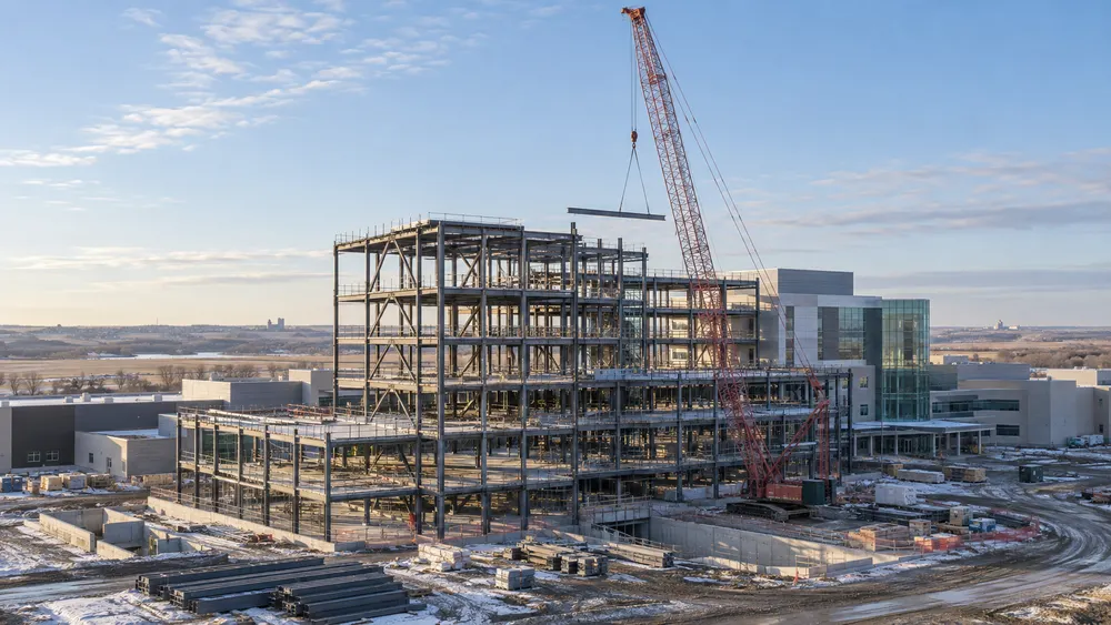 Steel framing and a crane at a modern hospital construction site on the North Dakota prairie.