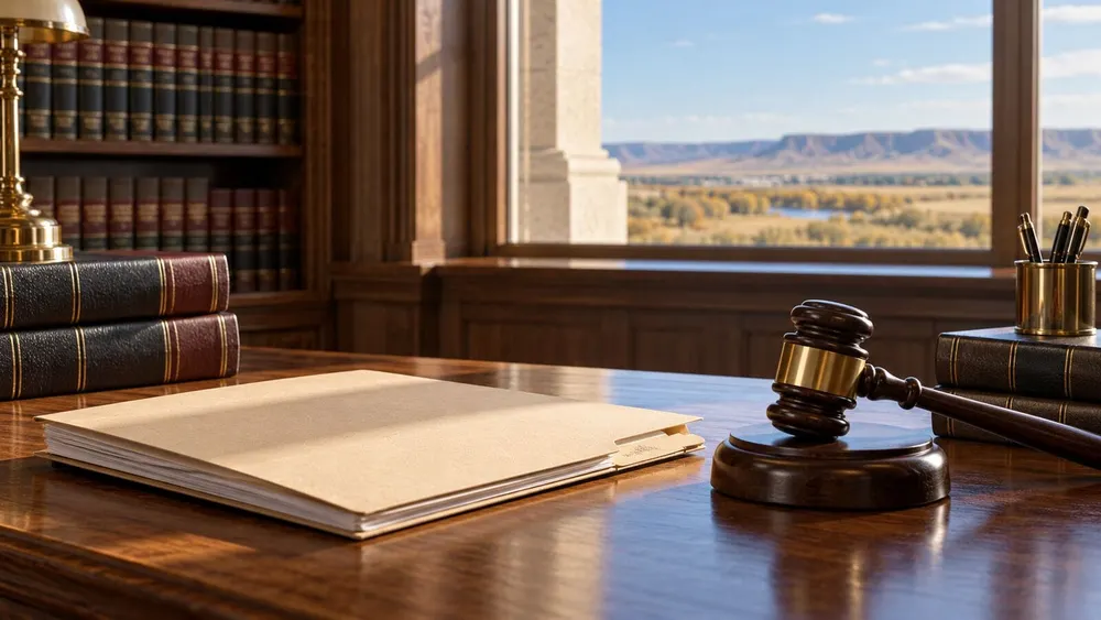 Illustrative courthouse law-library desk with a closed medical file and judge's gavel against a prairie landscape.
