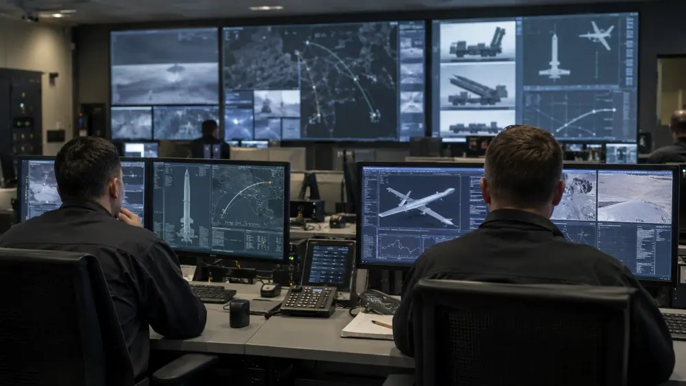 Two unbranded military operators monitor tactical displays in a generic command center.
