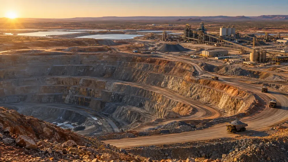 A large open-pit gold mine and processing complex in Western Australia at sunrise.