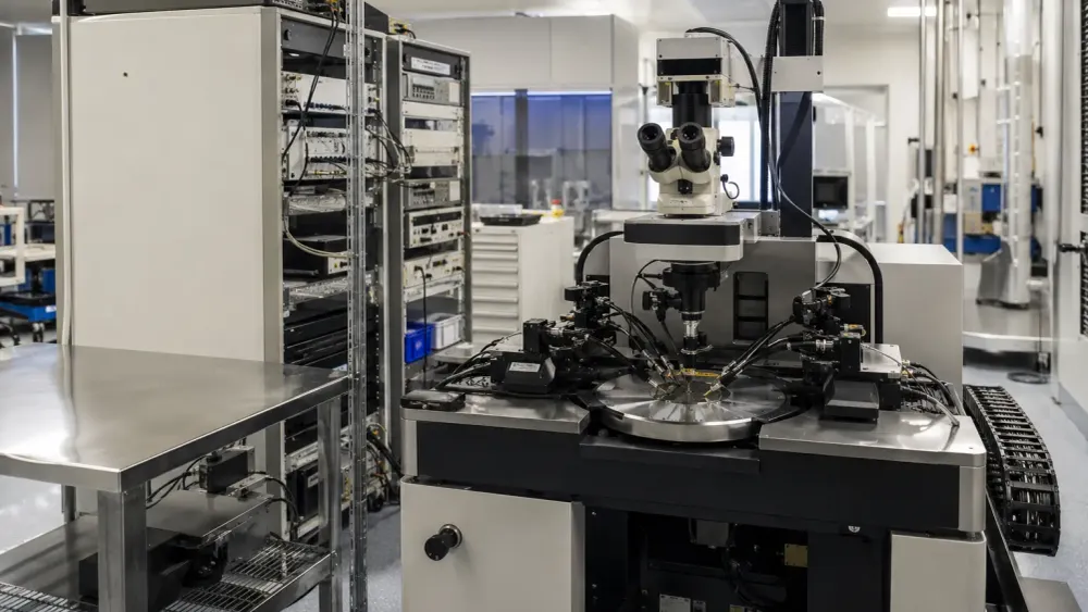 Unbranded semiconductor wafer probe station in a modern chip validation laboratory