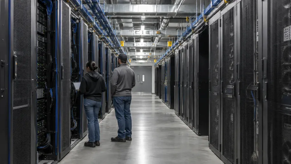 Technicians inspect server racks inside a large artificial-intelligence data center.