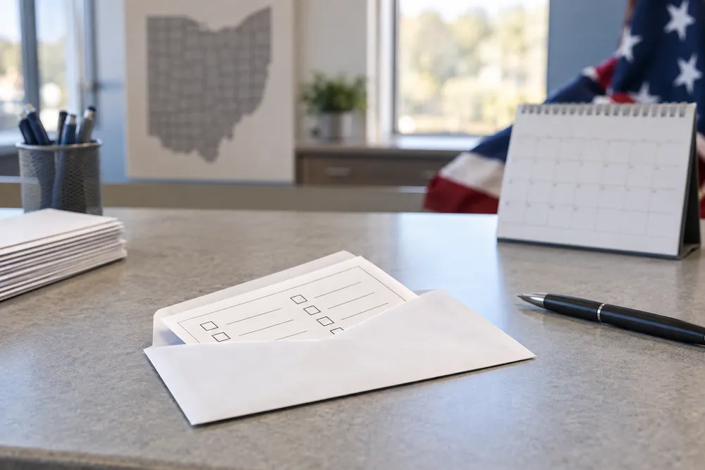 Generic election materials and an unmarked ballot envelope on an Ohio election office counter.