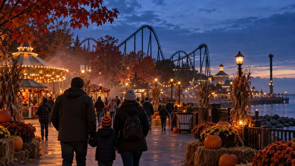 Guests walking through a lakeside amusement park decorated for a fall Halloween event at dusk