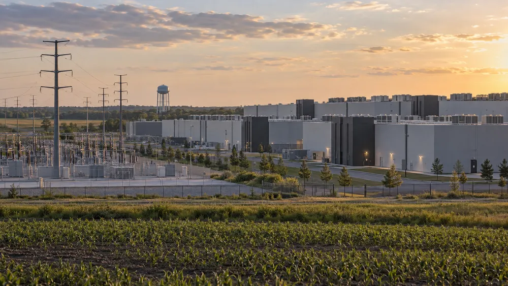 Modern data center buildings, power infrastructure and farmland in Ohio