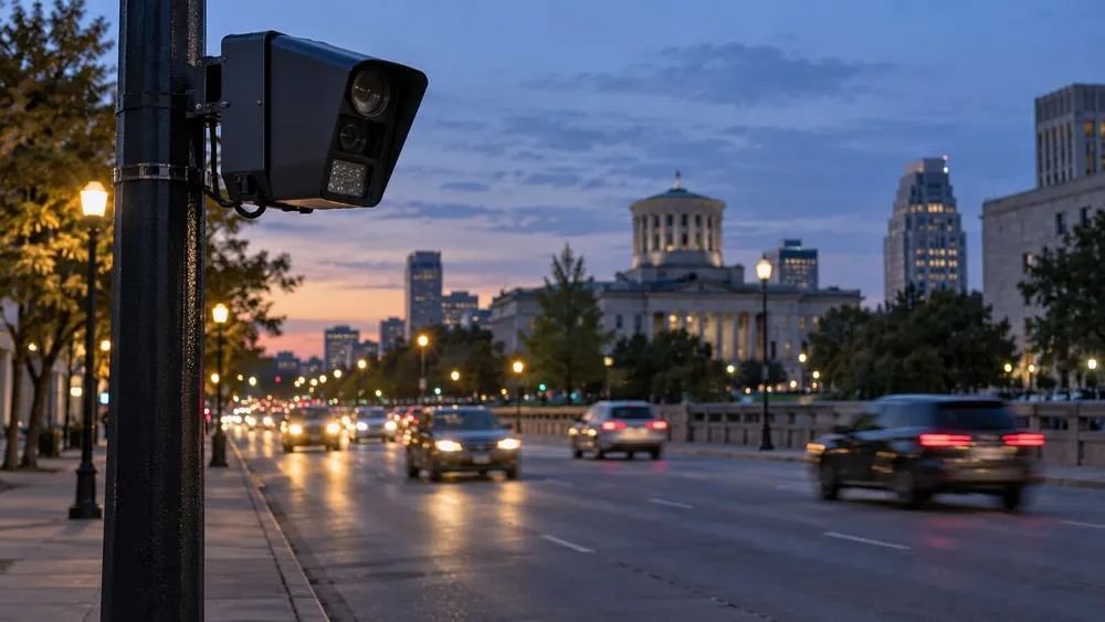 Roadside license plate reader camera overlooking evening traffic on a Midwestern city avenue